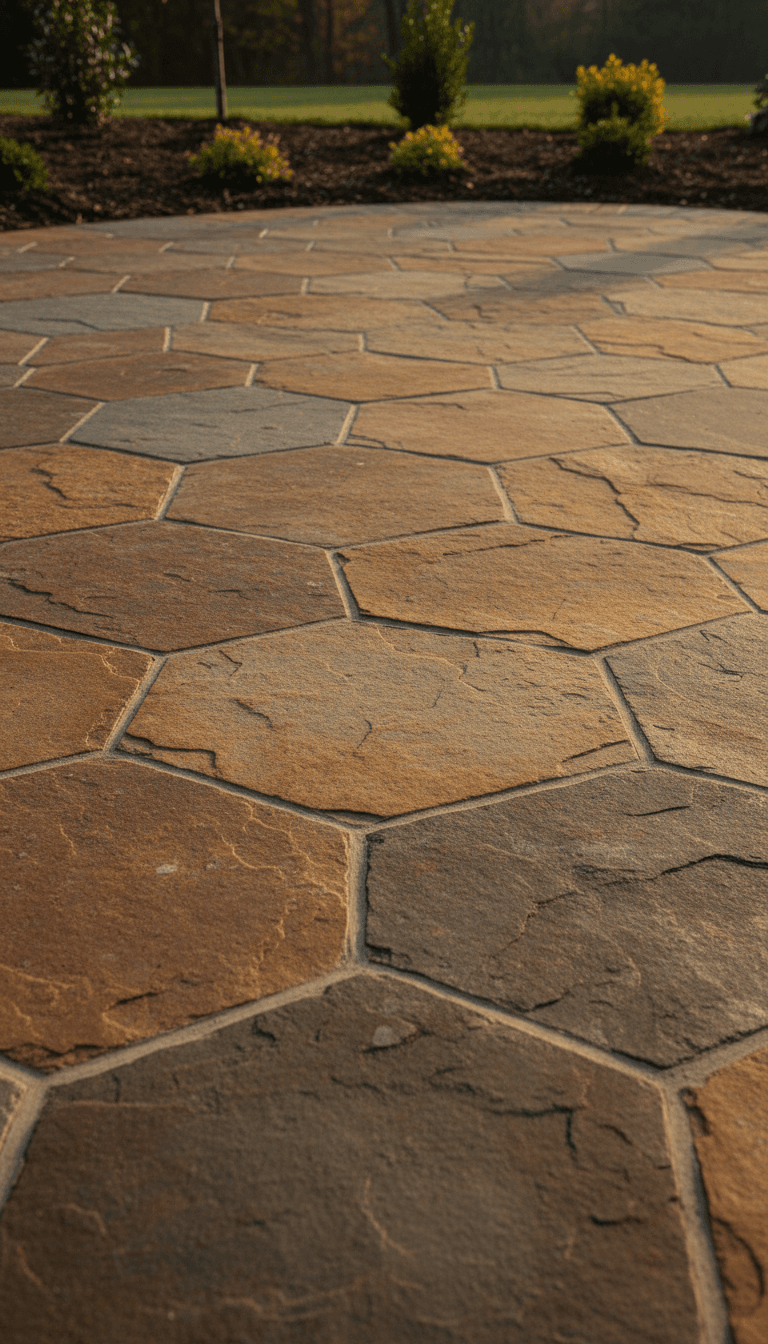 A warm artisanal rustic aesthetic wide shot of a freshly installed flagstone patio with clean mortar lines and natural stone tones.